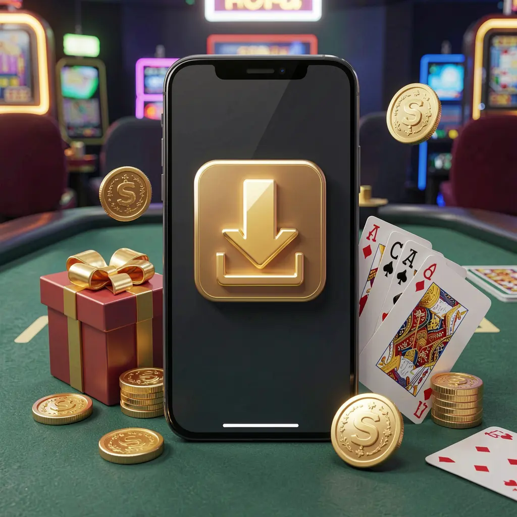33NA casino app download concept showing a smartphone with a download icon surrounded by golden coins, a gift box, and playing cards in a modern mobile gaming atmosphere