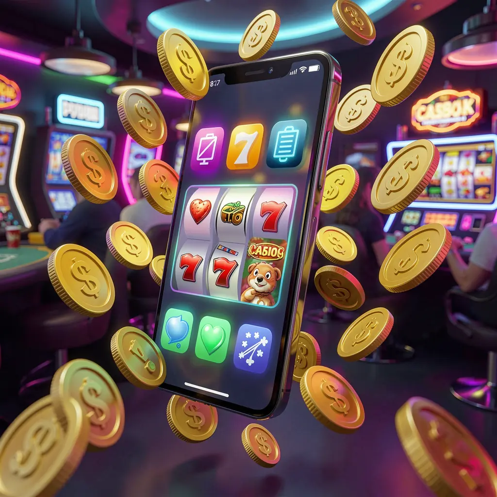 33NA Android casino app concept displayed on a modern phone with app icons, surrounded by golden coins and slot symbols floating in a neon casino atmosphere, realistic 3D render