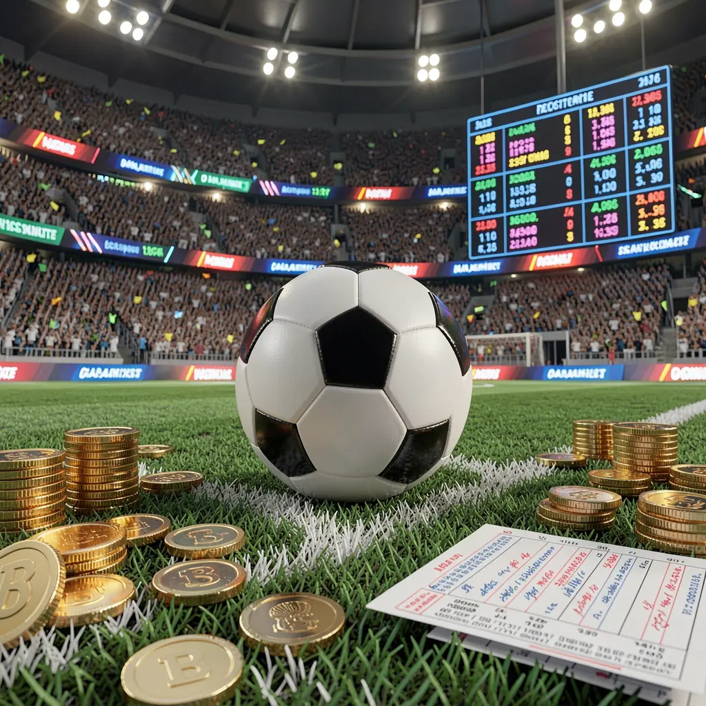 33NA premium sports betting scene featuring a football field with a stadium crowd, a soccer ball, golden coins, betting slip elements, and neon odds panels in a realistic high detail 3D render