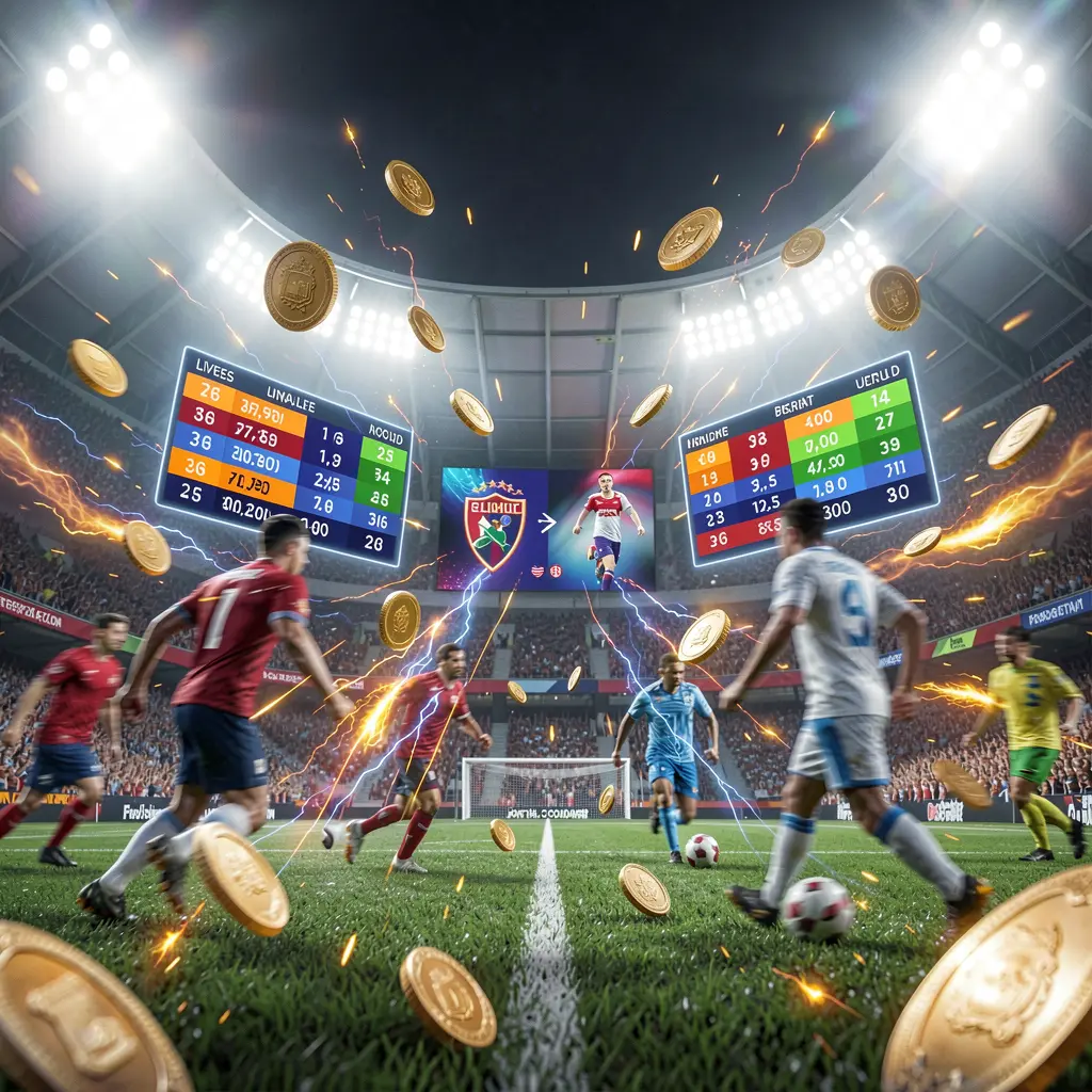 33NA live football betting concept showing a soccer stadium with bright lights, blurred players in action, floating odds panels, coins, and dynamic energy effects in a premium cinematic render