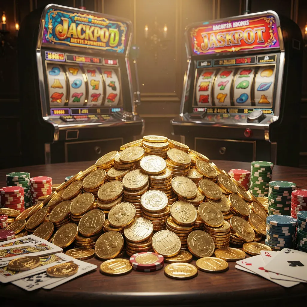 33NA jackpot bonus scene featuring a huge pile of golden coins, a slot machine in the background, poker chips, and playing cards illuminated by cinematic luxury lighting