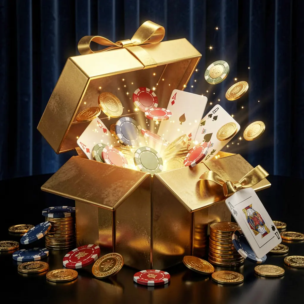 A luxurious welcome bonus scene for 33NA online casino featuring an open golden gift box with casino chips, playing cards, and sparkling coins bursting out against a premium dark blue and black background with a bright golden glow