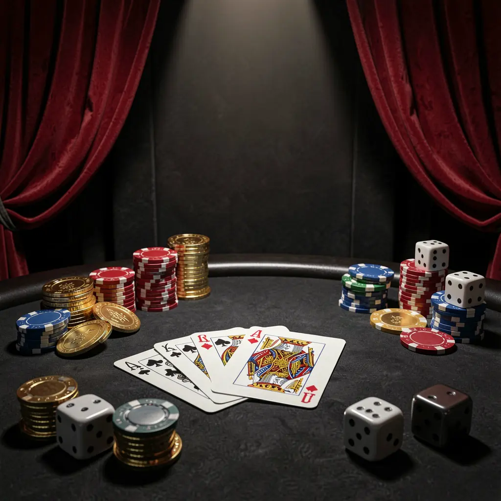 33NA casino table featuring a royal flush of cards, poker chips, golden coins, and dice on a luxury black and red background with dramatic spotlight in a realistic 3D render