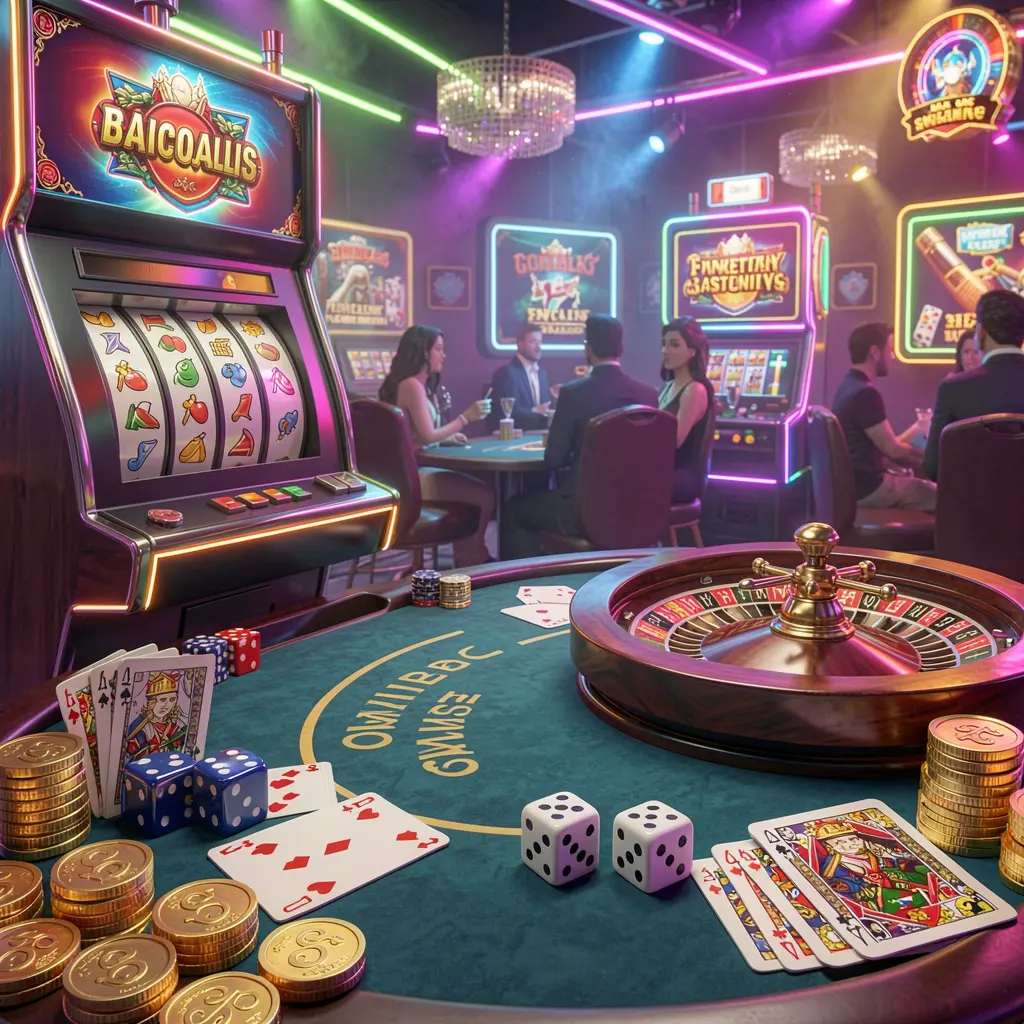 33NA casino entertainment scene featuring a slot machine, roulette wheel, dice, cards, and golden coins illuminated by colorful neon lights in a high quality 3D render
