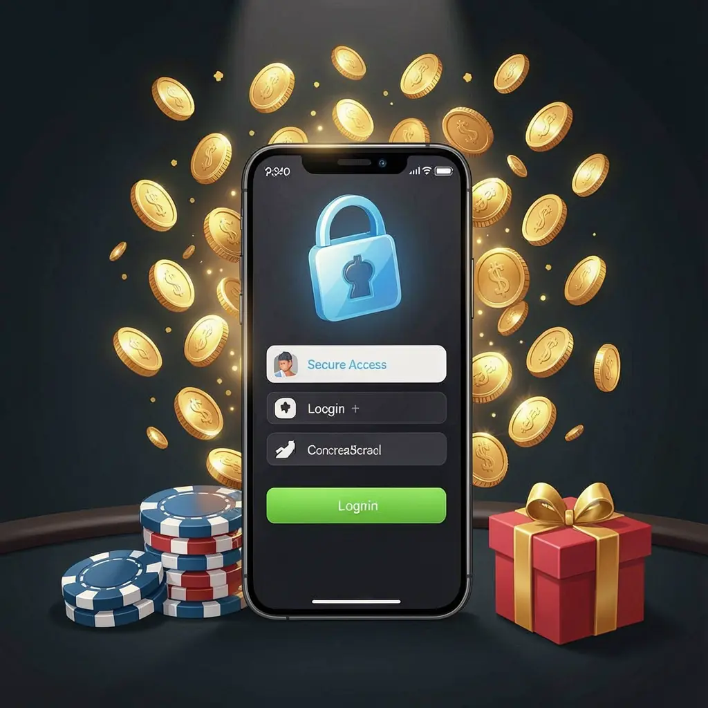 33NA casino user login illustration showing a phone with a secure access icon, golden coins bursting from the screen, poker chips and a gift box nearby on a dark premium background