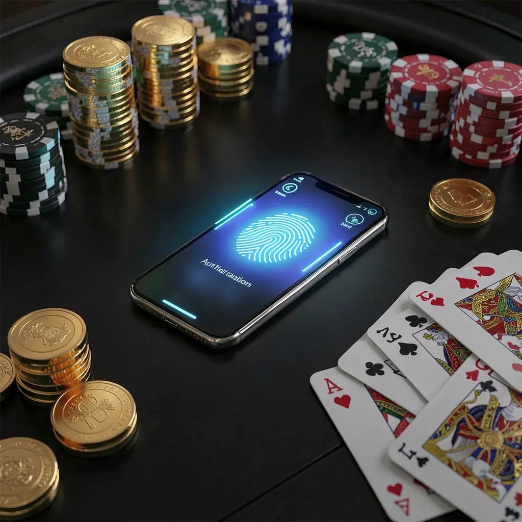 Cinematic 3D render of an online casino authentication concept featuring a phone with fingerprint scan glow on a premium black table surrounded by poker chips, golden coins, and playing cards, showcasing 33NA brand security