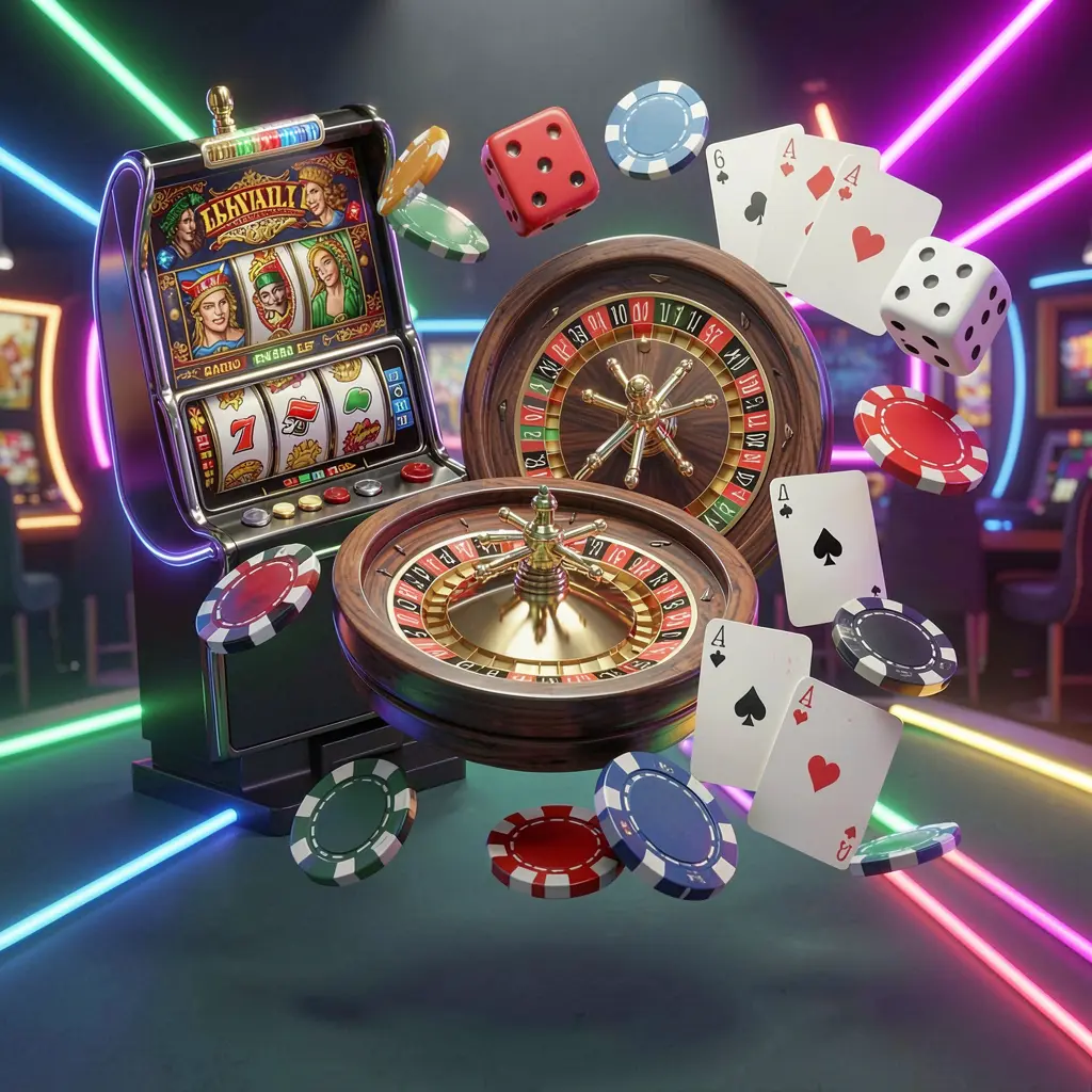 33NA casino games collection homepage visual featuring a slot machine, roulette wheel, dice, playing cards, and poker chips floating together with colorful neon lights in a premium 3D render
